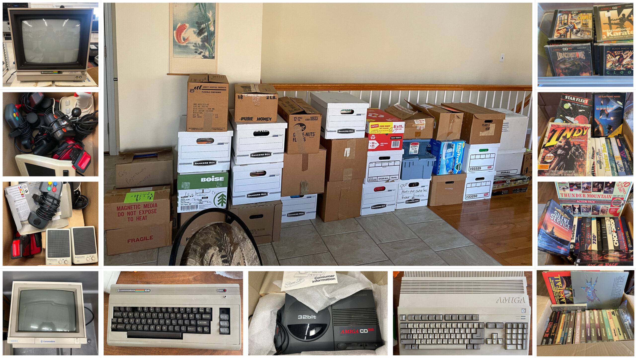 600+ item collection of vintage Amiga and Commodore hardware and software in 20 boxes